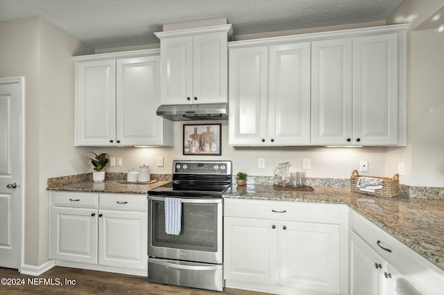 kitchen with electric range, dark hardwood / wood-style flooring, and white cabinets