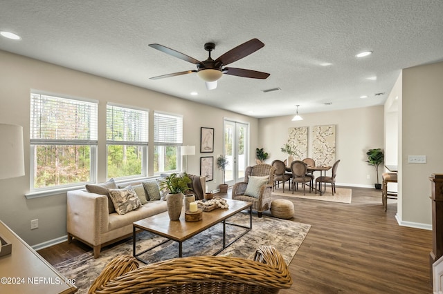 living room with plenty of natural light, dark hardwood / wood-style floors, and a textured ceiling