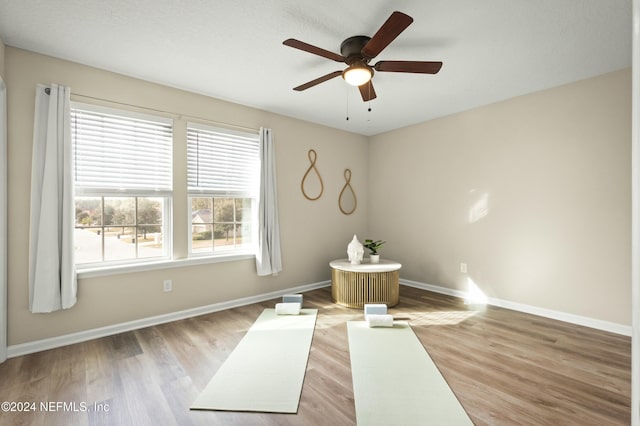 interior space with light wood-type flooring and ceiling fan