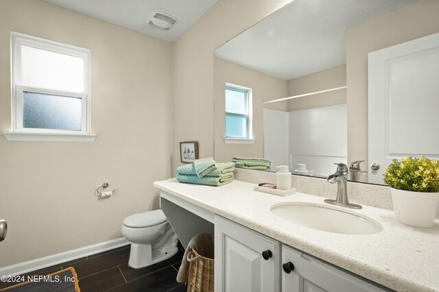 bathroom featuring a shower, vanity, and toilet