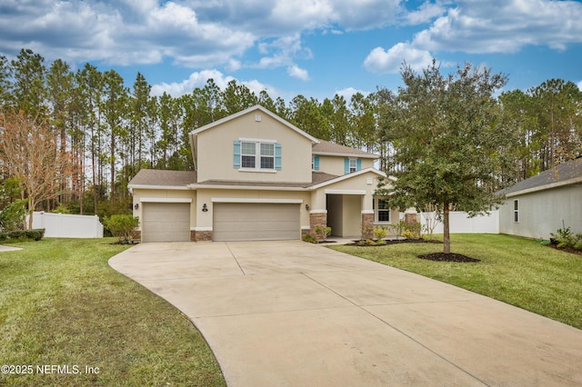 view of front of house featuring stucco siding, stone siding, driveway, and a garage