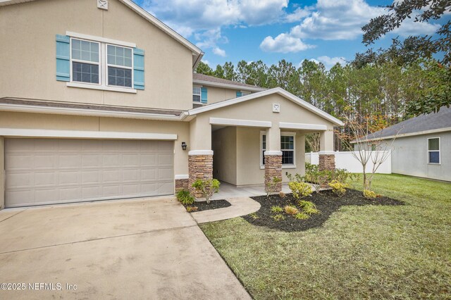 view of front facade with stucco siding, an attached garage, stone siding, concrete driveway, and a porch