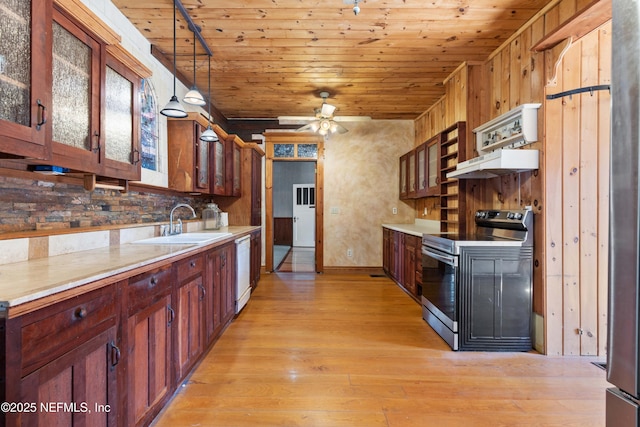 kitchen with wood ceiling, light wood-type flooring, electric range, white dishwasher, and pendant lighting