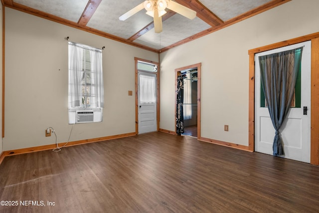 foyer featuring dark wood-type flooring, ceiling fan, crown molding, and cooling unit