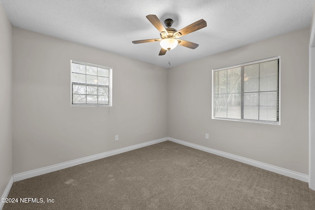 empty room featuring ceiling fan, carpet, and a textured ceiling