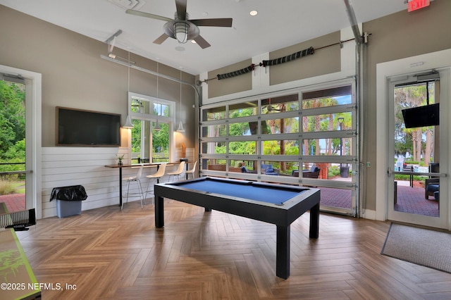 rec room featuring ceiling fan, parquet floors, and billiards