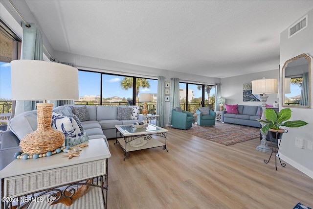 living room featuring light hardwood / wood-style floors and a textured ceiling