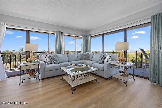 living room featuring light hardwood / wood-style flooring and a textured ceiling