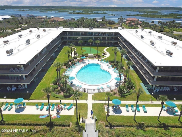 aerial view featuring a water view