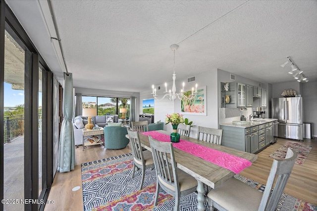 7870 A1A S Unit 209, Saint Augustine, FL 32080 - dining room with light wood-style flooring, a chandelier, a textured ceiling, and track lighting