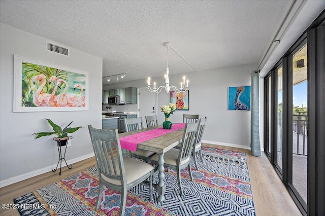 7870 A1A S Unit 209, Saint Augustine, FL 32080 - dining space featuring light wood-style floors, a chandelier, a textured ceiling, baseboards, and rail lighting