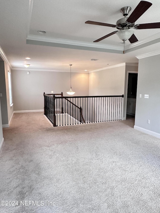 carpeted empty room with ceiling fan, a raised ceiling, and ornamental molding