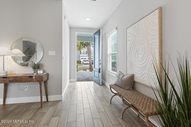 foyer entrance with light hardwood / wood-style flooring