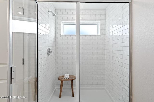 bathroom featuring a shower with shower door