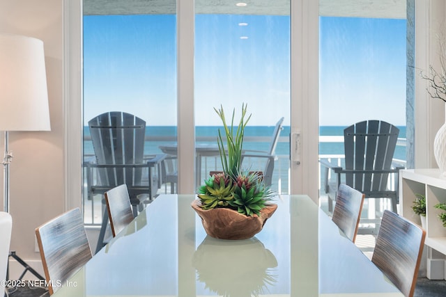 dining area with plenty of natural light and a water view