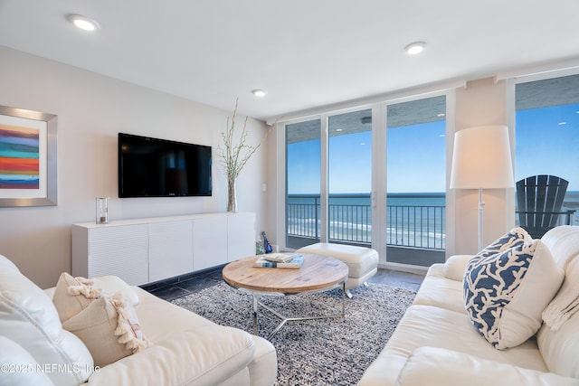 living room with floor to ceiling windows