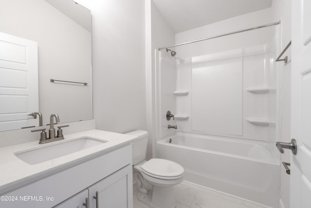 full bathroom with vanity, bathtub / shower combination, and toilet