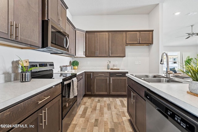 kitchen featuring appliances with stainless steel finishes, light wood-type flooring, dark brown cabinetry, and sink