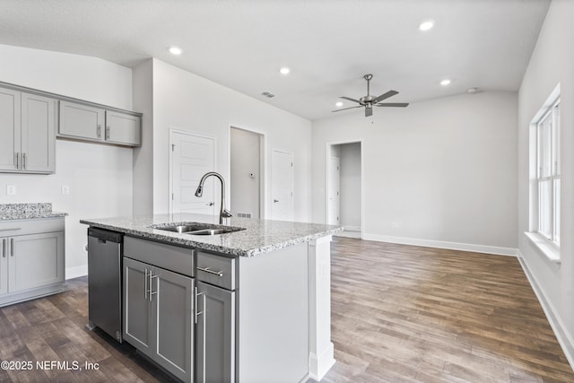 3239 Winding Creek Pl, Green Cove Springs, FL 32043 - kitchen with dishwasher, ceiling fan, dark wood-type flooring, a sink, and gray cabinets