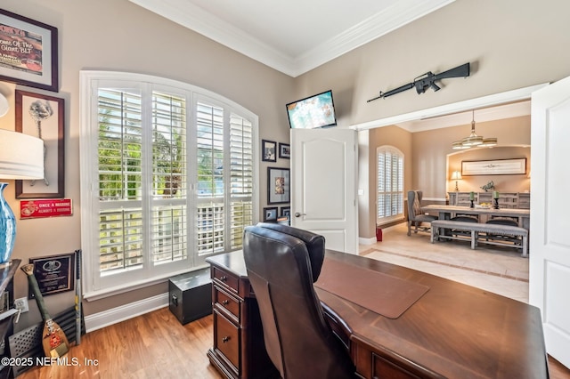 home office featuring crown molding and light hardwood / wood-style flooring