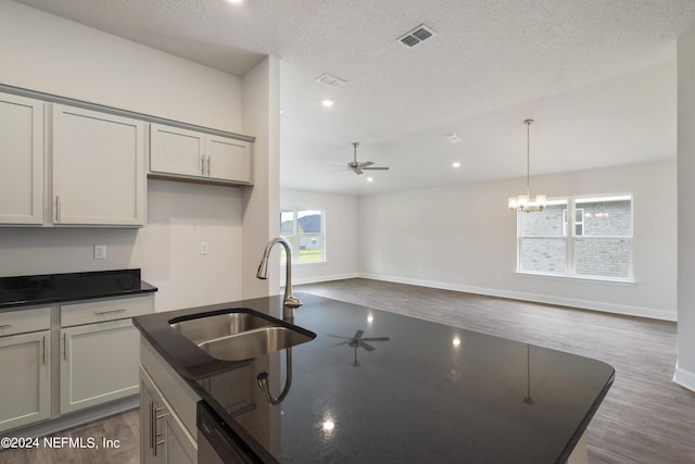 kitchen featuring a center island with sink, ceiling fan with notable chandelier, sink, gray cabinets, and dark hardwood / wood-style flooring