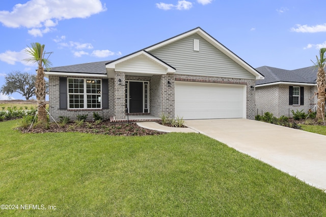 ranch-style home featuring a front yard and a garage