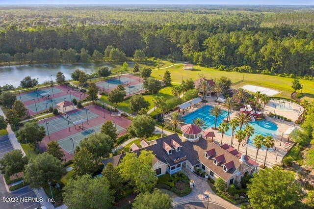 bird's eye view with a water view