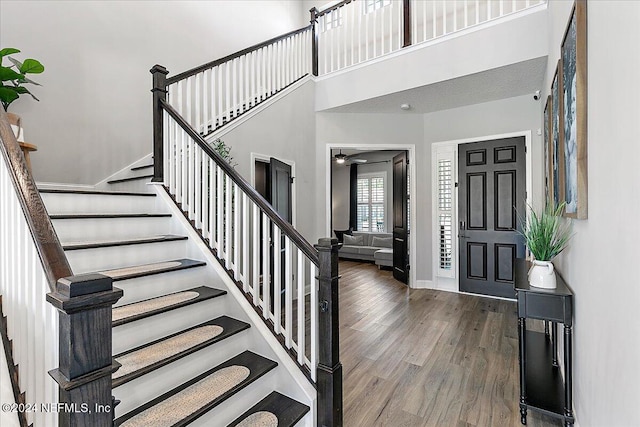 foyer entrance featuring ceiling fan, wood-type flooring, and a high ceiling