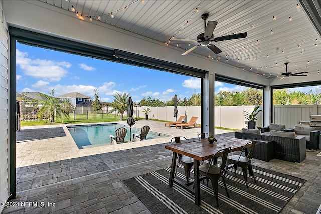 exterior space featuring ceiling fan, a patio, and an outdoor hangout area