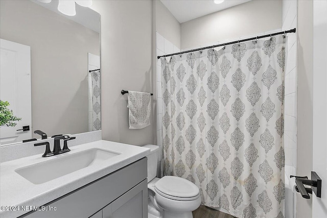 bathroom featuring vanity, wood-type flooring, and toilet