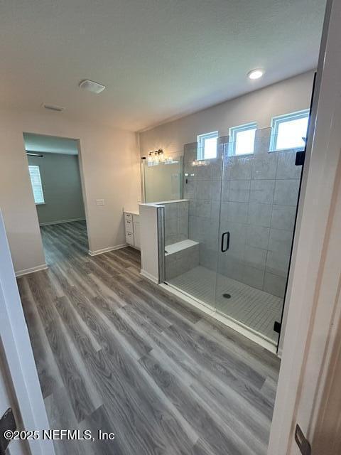 85431 Apple Canyon Ct, Fernandina Beach, FL 32034 - full bath with wood finished floors, a stall shower, vanity, and recessed lighting