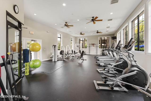 exercise room with ceiling fan and a healthy amount of sunlight