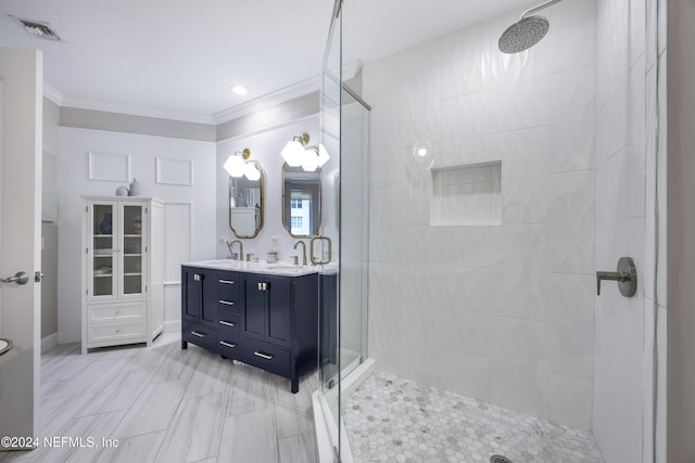 1431 Riverplace Blvd Unit 2105, Jacksonville, FL 32207 - bathroom featuring visible vents, tiled shower, double vanity, ornamental molding, and a sink