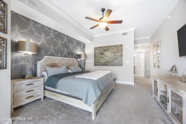 1431 Riverplace Blvd Unit 2105, Jacksonville, FL 32207 - carpeted bedroom featuring visible vents, baseboards, ornamental molding, and wallpapered walls