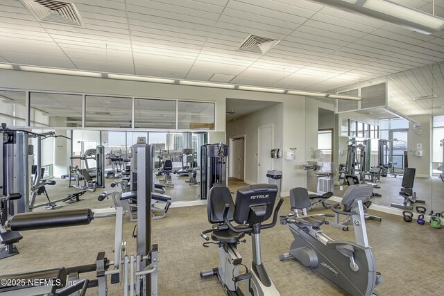 1431 Riverplace Blvd Unit 2105, Jacksonville, FL 32207 - exercise room with visible vents, baseboards, and carpet flooring