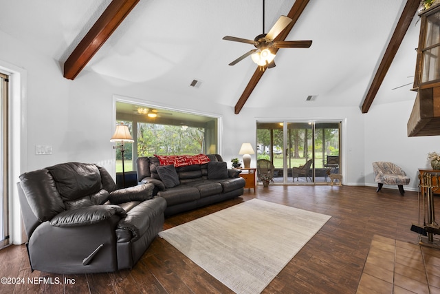 living room with vaulted ceiling with beams, ceiling fan, and dark wood-type flooring