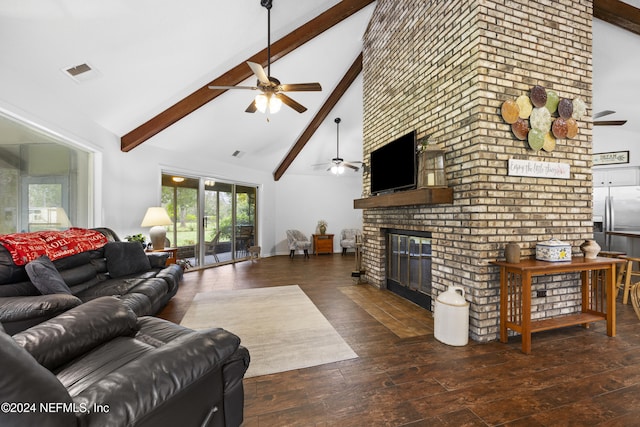 living room featuring high vaulted ceiling, dark hardwood / wood-style floors, ceiling fan, a fireplace, and beamed ceiling