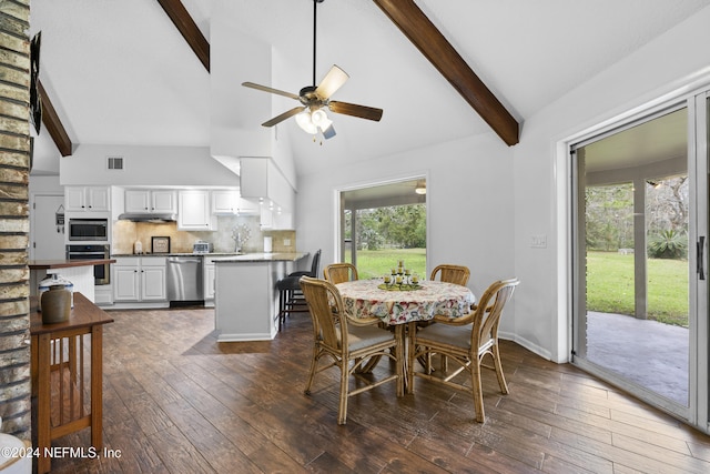 dining area with beam ceiling, ceiling fan, high vaulted ceiling, and dark wood-type flooring