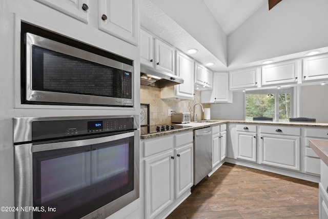 kitchen featuring white cabinets, sink, stainless steel appliances, and vaulted ceiling