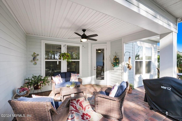 view of patio with an outdoor hangout area, ceiling fan, and a grill