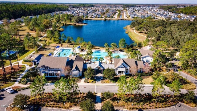 drone / aerial view with a water view