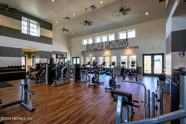 workout area featuring french doors, a towering ceiling, and wood-type flooring