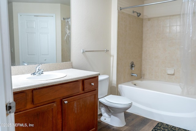 full bathroom featuring toilet, vanity, shower / bath combo, and hardwood / wood-style flooring