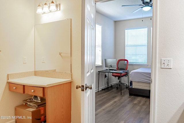 bathroom with hardwood / wood-style floors, ceiling fan, and a healthy amount of sunlight