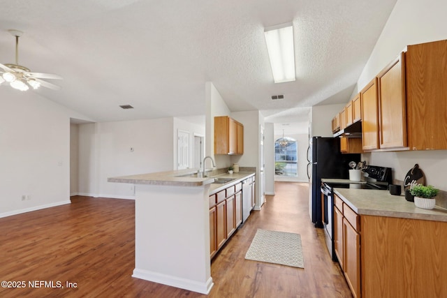 kitchen featuring sink, kitchen peninsula, stainless steel appliances, and light hardwood / wood-style flooring