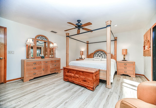 bedroom featuring ceiling fan and light wood-type flooring