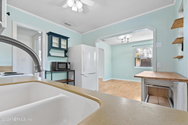 kitchen with hardwood / wood-style floors, sink, crown molding, ceiling fan, and white fridge