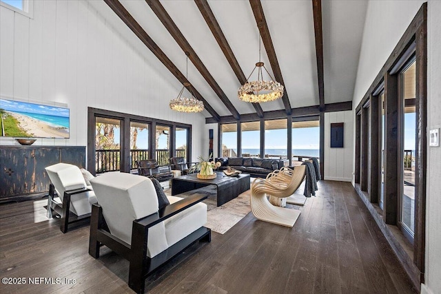 living room with beam ceiling, high vaulted ceiling, dark hardwood / wood-style floors, a water view, and a chandelier