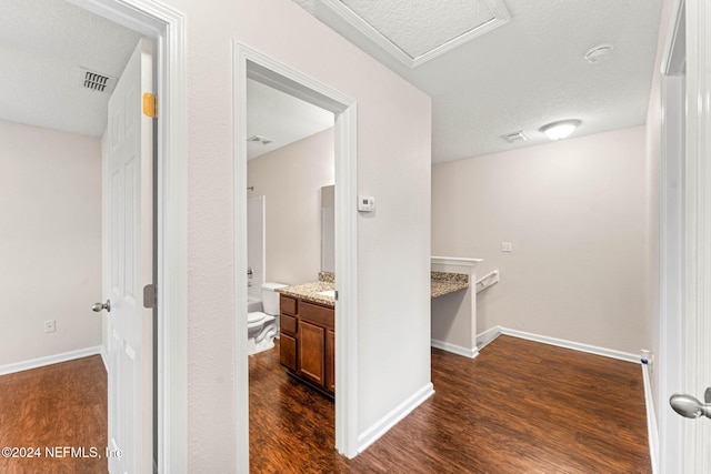 interior space with vanity, hardwood / wood-style floors, and a textured ceiling