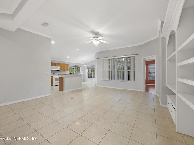 unfurnished living room with ornamental molding, light tile patterned floors, ceiling fan, and built in shelves